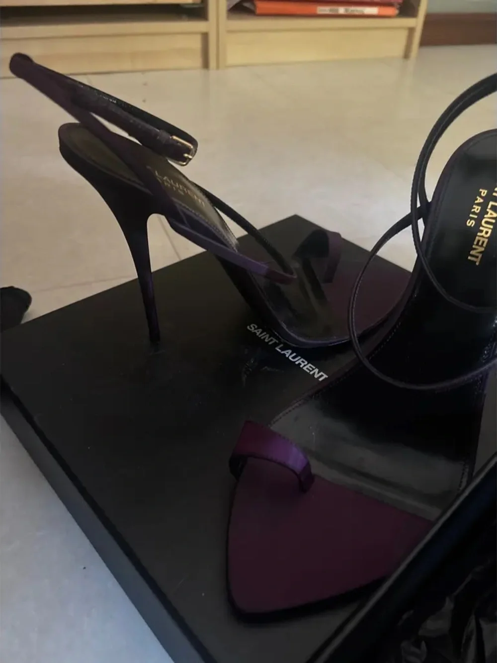 Saint Laurent Two-Tone Black and Purple Pointed-Toe Ankle-Strap Heels